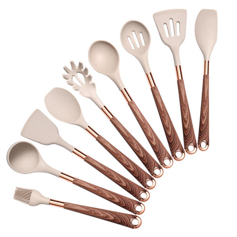 10 Pieces Kitchen Tools Set Wooden Handle Cooking Kitchen Utensil Set Silicone Utensils