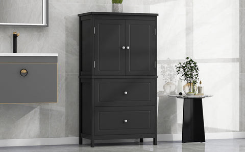 Bathroom Storage Cabinet, Cabinet with Two Doors and Drawers, Adjustable Shelf, MDF Board, Black