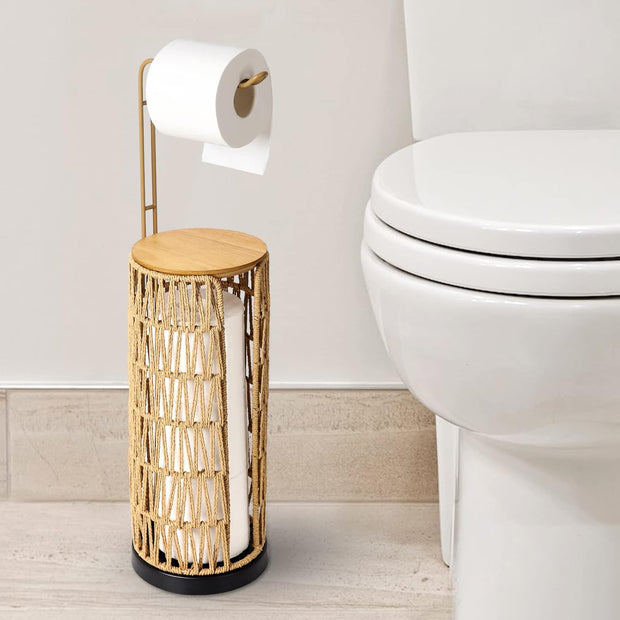 Freestanding Toilet Paper Holder with Storage 3 Rolls of Tissue Holder for Bathroom Handmade Woven Toilet Paper Roll Stand