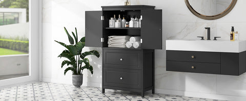 Bathroom Storage Cabinet, Cabinet with Two Doors and Drawers, Adjustable Shelf, MDF Board, Black