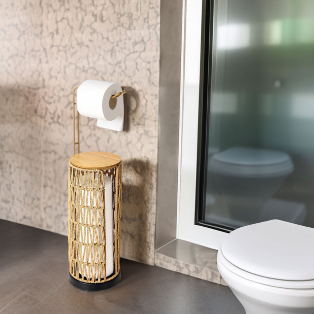 Freestanding Toilet Paper Holder with Storage 3 Rolls of Tissue Holder for Bathroom Handmade Woven Toilet Paper Roll Stand