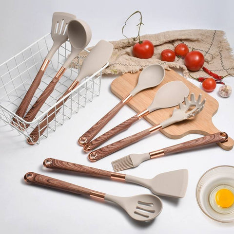 10 Pieces Kitchen Tools Set Wooden Handle Cooking Kitchen Utensil Set Silicone Utensils