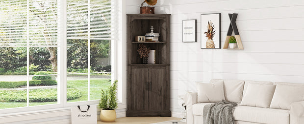 Tall Corner Cabinet with Doors for living room, bathroom,Dining Room or Kitchen,color:Dark walnut