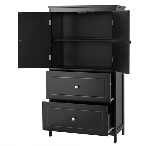 Bathroom Storage Cabinet, Cabinet with Two Doors and Drawers, Adjustable Shelf, MDF Board, Black