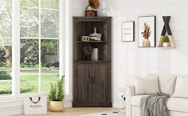 Tall Corner Cabinet with Doors for living room, bathroom,Dining Room or Kitchen,color:Dark walnut