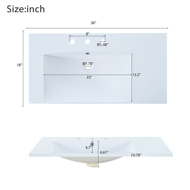 36" Single Bathroom Basin Sink, Left Offset Sink Vanity Top Only, 3-Faucet Holes, Resin