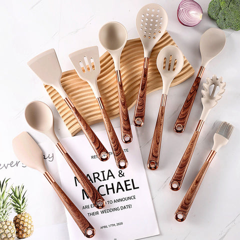 10 Pieces Kitchen Tools Set Wooden Handle Cooking Kitchen Utensil Set Silicone Utensils