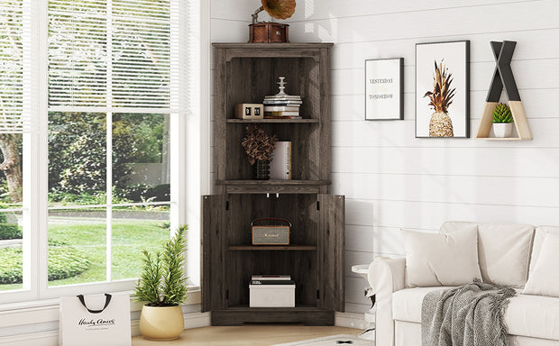 Tall Corner Cabinet with Doors for living room, bathroom,Dining Room or Kitchen,color:Dark walnut